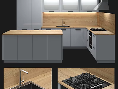 Modern Kitchen With Gray Cabinets Wooden Countertop Island Sink And Cooktop 3d model