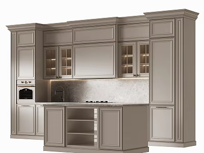 Modern Kitchen Cabinets With Light Gray Finish Glass Doors And Stone Island Countertop 3d model