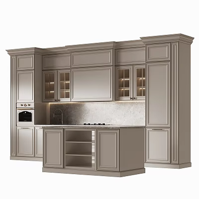Modern Kitchen Cabinets With Light Gray Finish Glass Doors And Stone Island Countertop 3d model