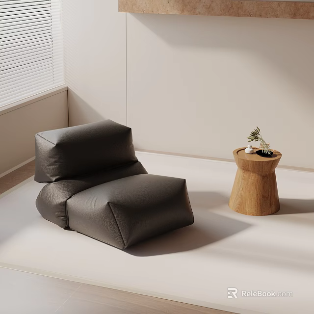 Modern Black Leather Leisure Chair With Wooden Side Table And Small Plant In Minimalist Interior 3d model 