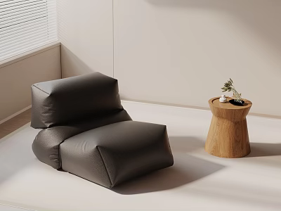 Modern Black Leather Leisure Chair With Wooden Side Table And Small Plant In Minimalist Interior 3d model