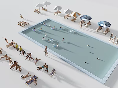 Spacious Outdoor Swimming Pool with Sunshades Loungers Float Rings and People Swimming 3d model