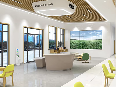 Modern Service Hall With Information Desk Waiting Area Yellow Chairs And Large Screen 3d model