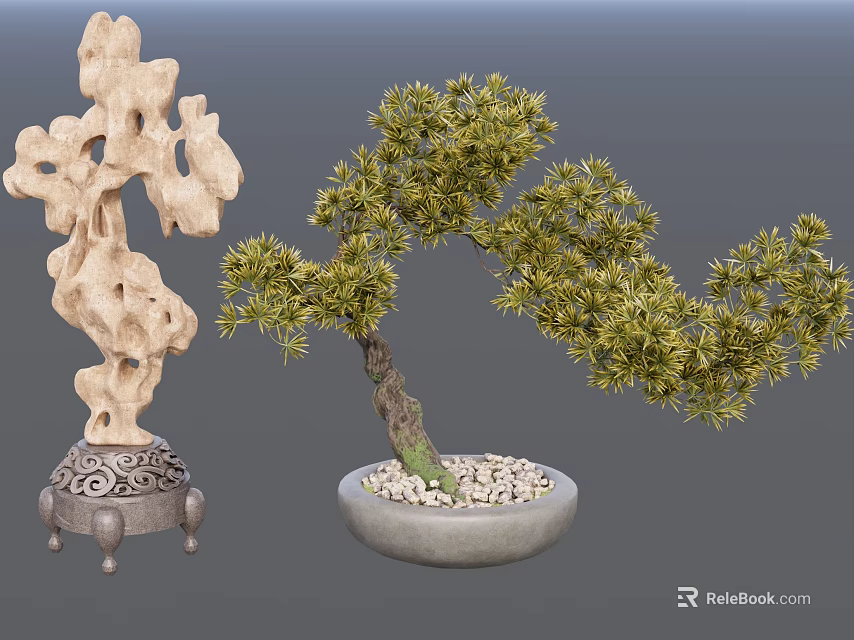 Pine Bonsai Plant in Stone Pot with Small Pebbles and Ornamental Rock Sculpture 3d model 