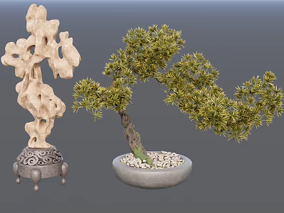 Pine Bonsai Plant in Stone Pot with Small Pebbles and Ornamental Rock Sculpture 3d model