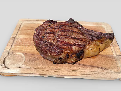 Perfectly Grilled Juicy Steak On Wooden Cutting Board With Charred Edges 3d model