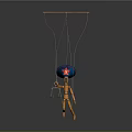 Intricate Puppet Sculpture With Orange Control Rods And Blue Balance Disk Design