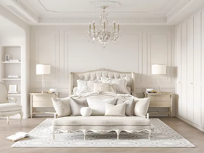 Elegant Classic Bedroom Interior With Chandelier King Bed Pillows Nightstands Lamps Area Rug 3d model