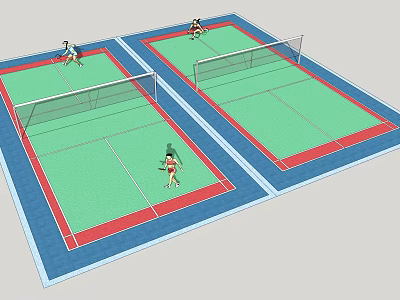 Two Outdoor Tennis Courts With People Playing Tennis For Fitness Activity 3d model