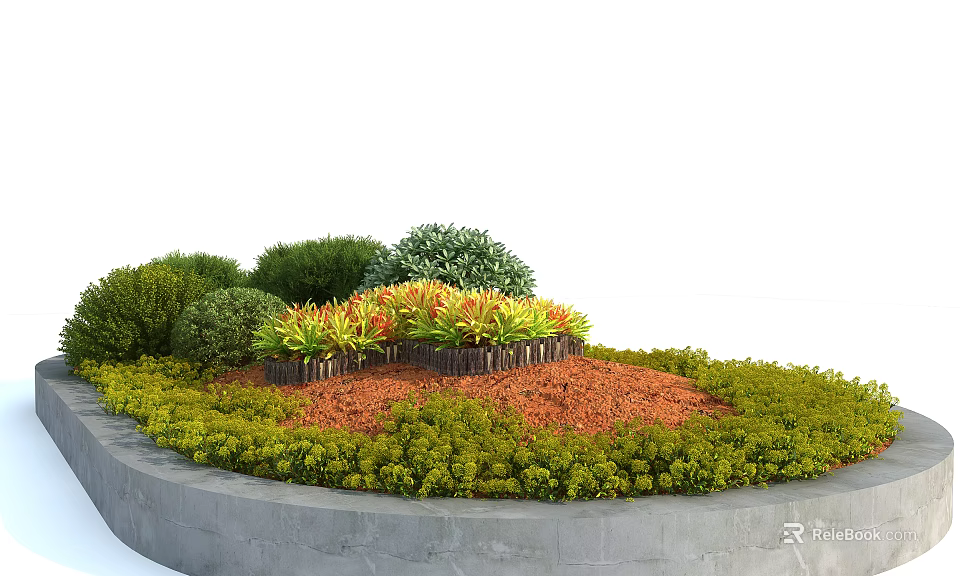 Roadside Greening Facilities With Circular Flower Bed And Diverse Plants 3d model 