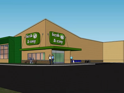 Fresh and Easy Store Exterior With Beige Green Building Entrance Awning and People 3d model