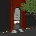 Modern Storefront With Red Columns Gray Striped Wall Golden Circular Logo Entrance Lighting And Trees