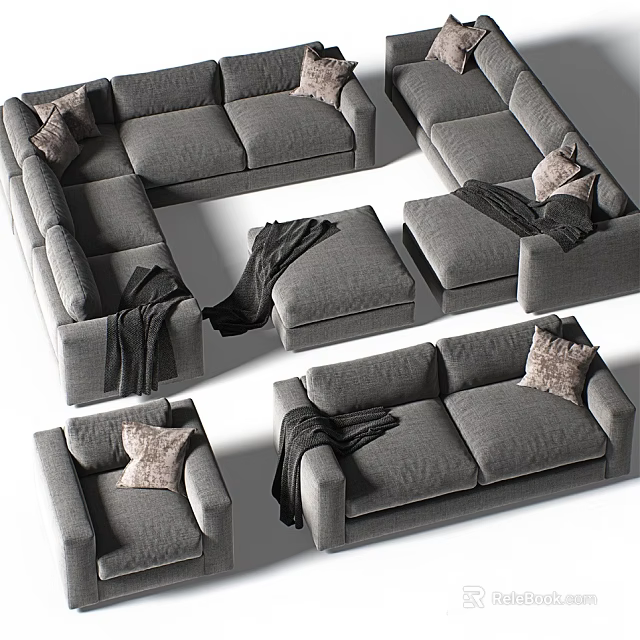 Modern Gray Sectional Sofa Set With Armchairs Ottoman Throw Pillows And Blankets 3d model