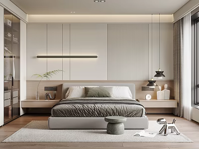 Modern Bedroom Interior Design With Striped Wall Bedside Tables Pendant Lights And Soft Rug 3d model