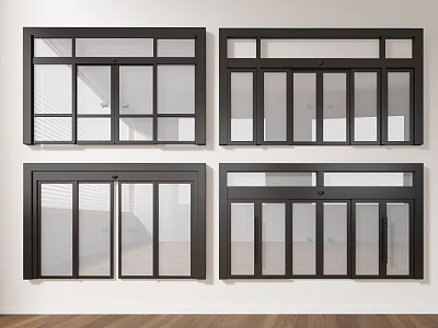 Four Black Frame Windows With Different Designs Divider Strips Sliding Against White Wall Wooden Floor 3d model