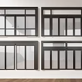 Four Black Frame Windows With Different Designs Divider Strips Sliding Against White Wall Wooden Floor