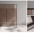 Modern Room Divider With Black Metal Frame Brown Slatted Design And Brass Accents