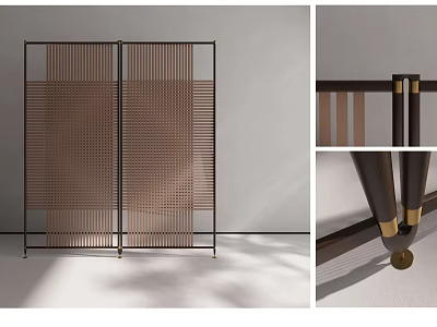 Modern Room Divider With Black Metal Frame Brown Slatted Design And Brass Accents 3d model