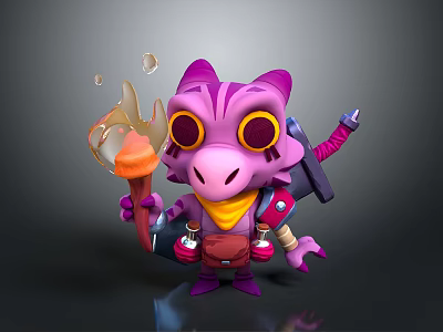 Cute Purple Pink Game Movie Character With Big Eyes Glowing Weapon And Backpack 3d model