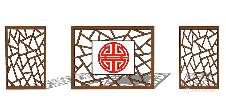Traditional Chinese Wooden Partition With Intricate Red Geometric Pattern Design 3d model 
