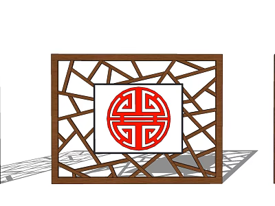 Traditional Chinese Wooden Partition With Intricate Red Geometric Pattern Design 3d model