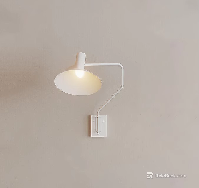 White Wall Lamp with Round Shade and Curved Metal Bracket on Beige Wall Illuminated 3d model 