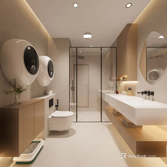 Modern Bathroom Interior With Wooden Cabinets White Toilet Glass Shower White Sink And Round Mirror 3d model 