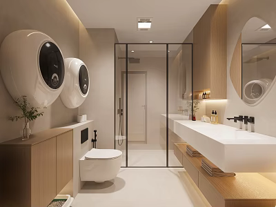 Modern Bathroom Interior With Wooden Cabinets White Toilet Glass Shower White Sink And Round Mirror 3d model
