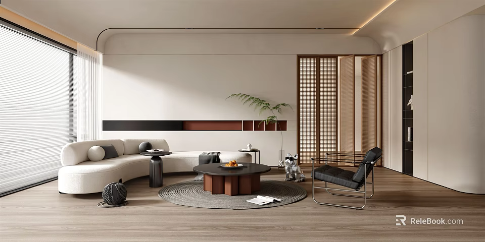 Modern Living Room With White Sofa Round Coffee Table Black Accent Chair And Wooden Flooring 3d model 