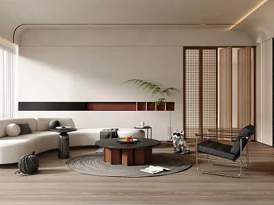 Modern Living Room With White Sofa Round Coffee Table Black Accent Chair And Wooden Flooring 3d model