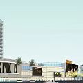 Modern Commercial Complex with High Rise Building Shopping Mall Green Roof Plaza and Pedestrian Area