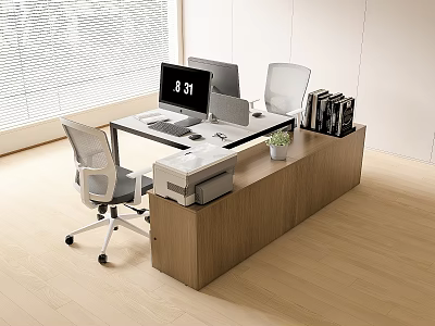 Minimalist Modern Office Desk With Gray Mesh Chair Dual Monitors Printer Books And Potted Plant 3d model