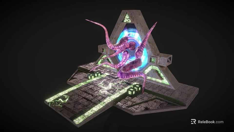 Sci Fi Altar Structure With Glowing Blue Core And Purple Tentacled Creature 3d model 