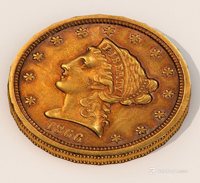 Vintage 1866 Gold Coin With Detailed Liberty Head And Star Design 3d model 