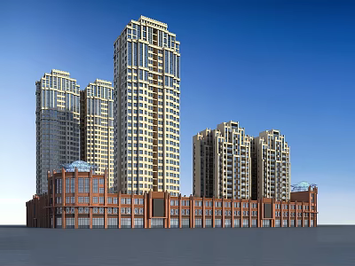 Modern High Rise Residential Buildings With Red Brick Base Exterior Design 3d model