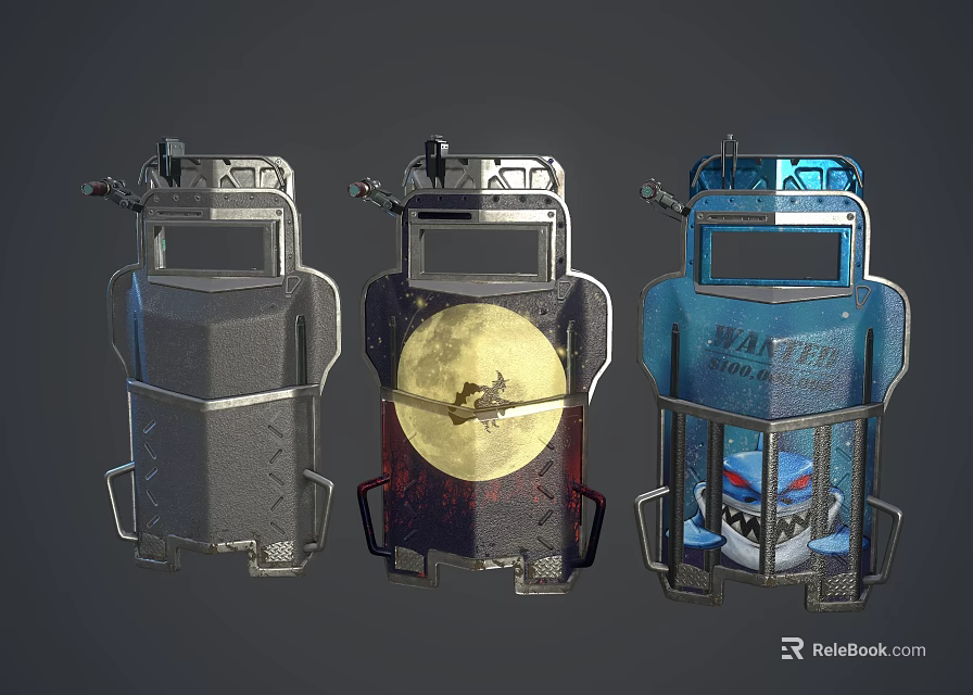 Three Different Mechanical Armors With Metallic Texture And Decorative Patterns 3d model 