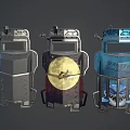 Three Different Mechanical Armors With Metallic Texture And Decorative Patterns