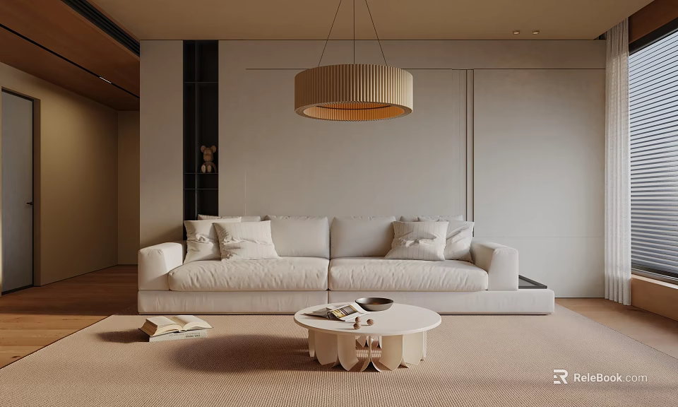 Beige Three-Seater Sofa With Cushions In Modern Living Room With Coffee Table And Rug 3d model 