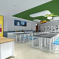 School Cafeteria Space With Green Ceiling White Lockers Long Tables And Blue Stools 3d model