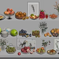 Assorted Fresh Fruits Display on Shelves with Decorative Vases and Frames