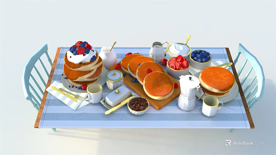 Delicious Stacked Pancakes With Fresh Berries Whipped Cream And Coffee On Blue White Striped Table 3d model 