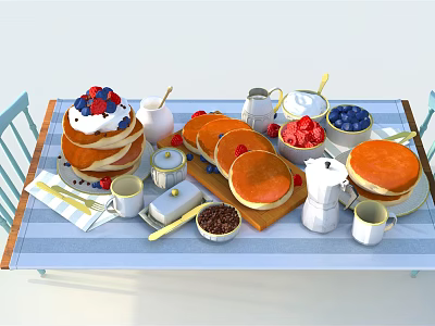 Delicious Stacked Pancakes With Fresh Berries Whipped Cream And Coffee On Blue White Striped Table 3d model