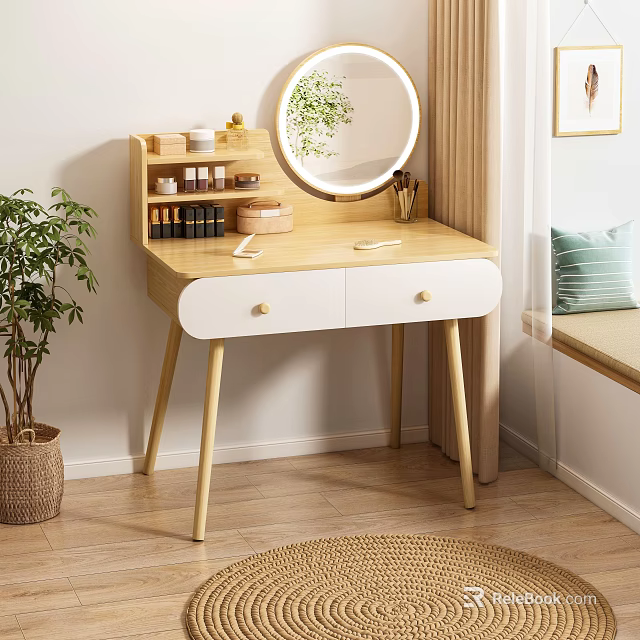 Modern Minimalist Light Wooden Dressing Table with Round Mirror White Drawers and Potted Plant 3d model 