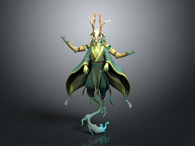 Game Movie Character With Horned Headdress Green Yellow Robe Flowing Posture Blue Mist Effect 3d model