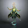 Game Movie Character With Horned Headdress Green Yellow Robe Flowing Posture Blue Mist Effect