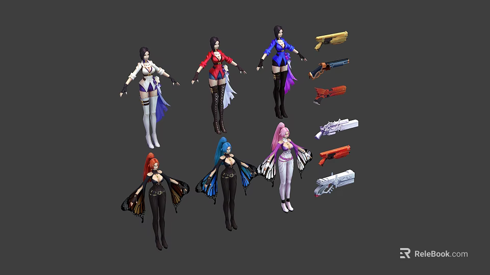 Different Character and Creature Designs with Colorful Outfits Weapons and Unique Features 3d model 