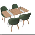 Wooden Rectangular Dining Table Set With Green Upholstered Chairs And Decorative Vases 3d model