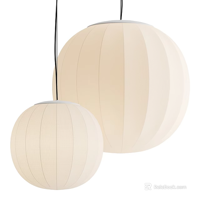 Beige Fabric Spherical Pendant Lights With Pleated Design Hanging In Pair 3d model