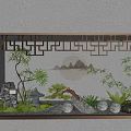 Chinese Style Indoor Landscape With Wooden Lattice Circular Mountain Painting Bamboo Stone Round Light Decorations