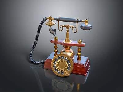 Vintage Computer Modem With Rotary Dial Wooden Base And Classic Gold Accents 3d model